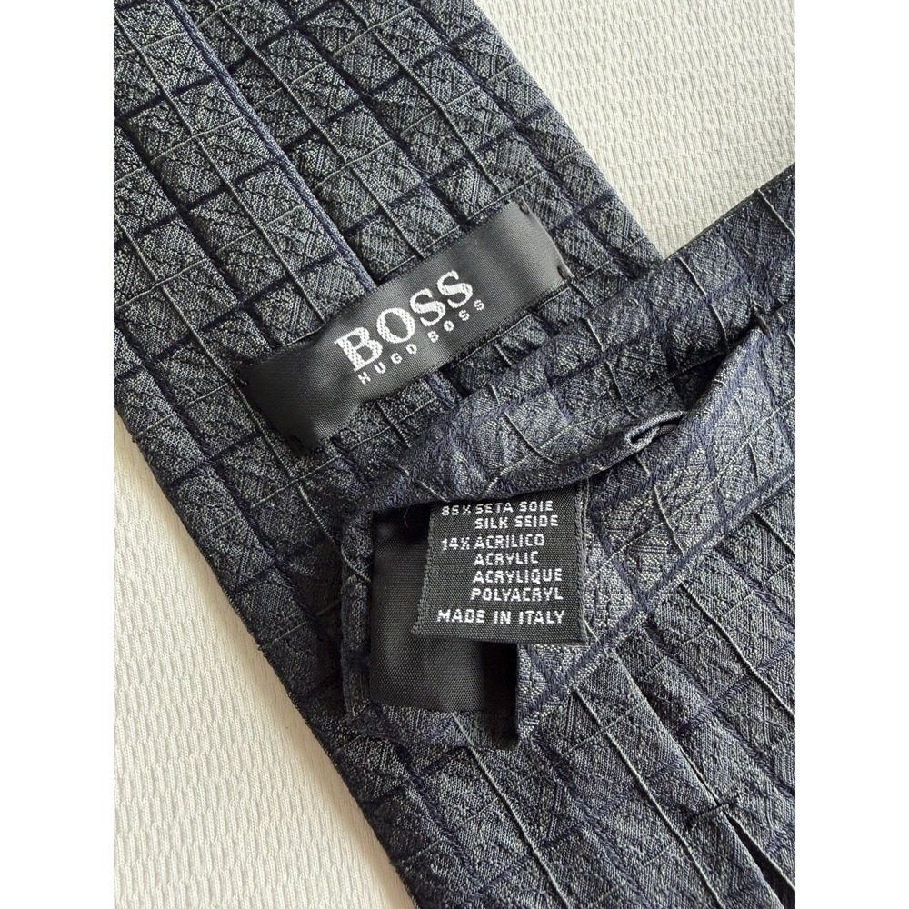 Hugo Boss	Navy Seersucker Check Woven Silk Acrylic Blend Tie Necktie Made Italy